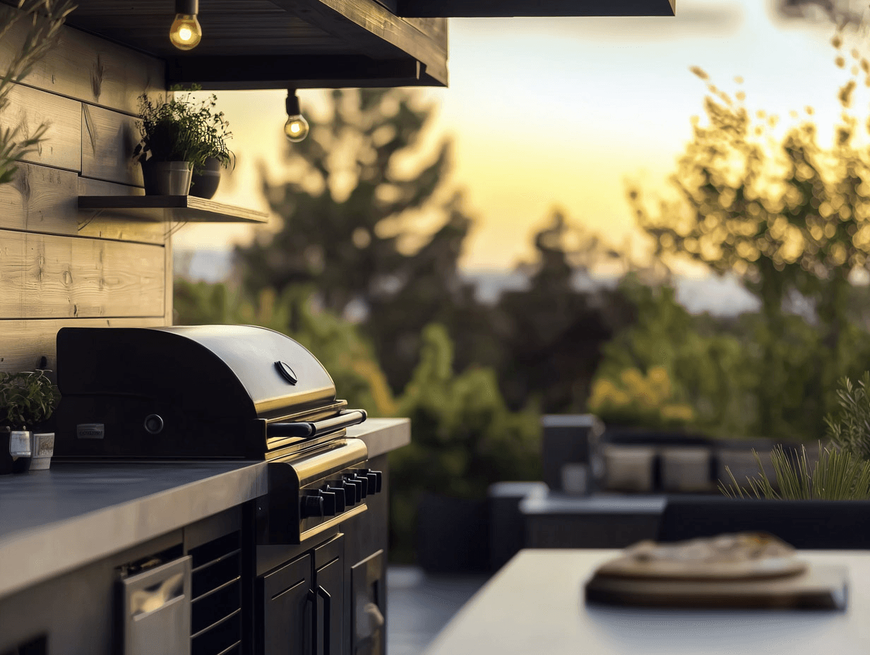 Modern outdoor kitchen with a built-in barbecue, dark countertops, pendant lighting and a dining area overlooking a garden at sunset.