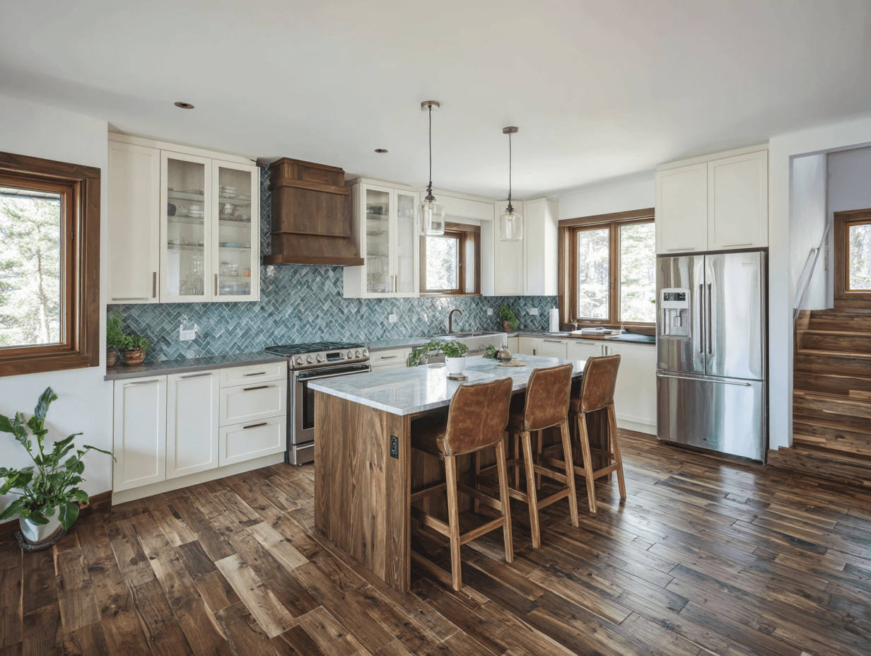 Warm modern kitchen with white cabinetry, a wood central island, light countertop, blue backsplash, stainless steel appliances and wood flooring