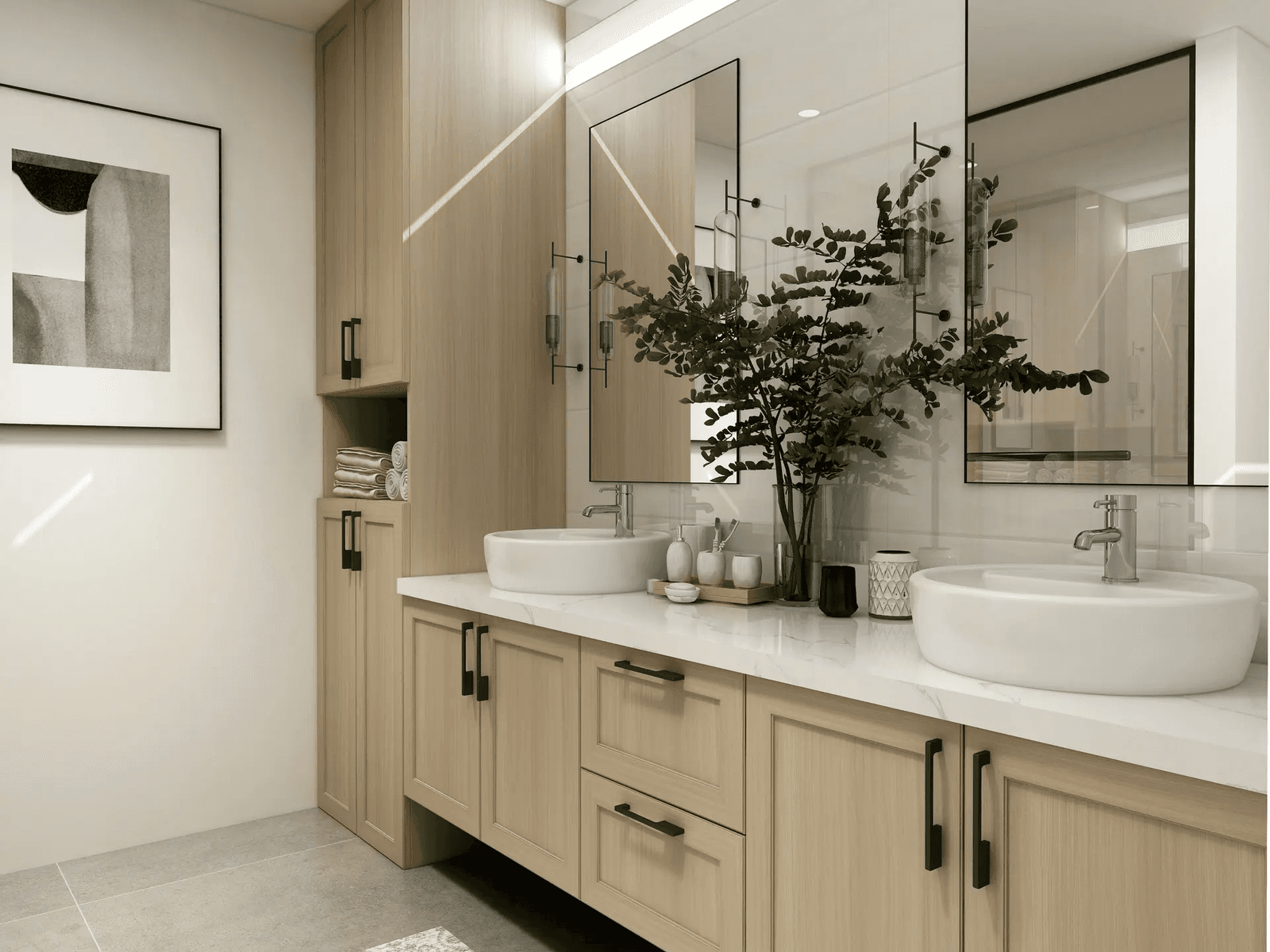 Modern bathroom featuring a wooden vanity, dual white sinks, and marble countertop. Built-in mirrors, spacious storage, and decorative greenery