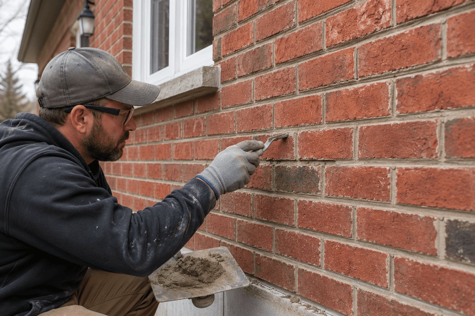 Mason repointing an exterior red brick wall with mortar and a finishing tool beside a residential window