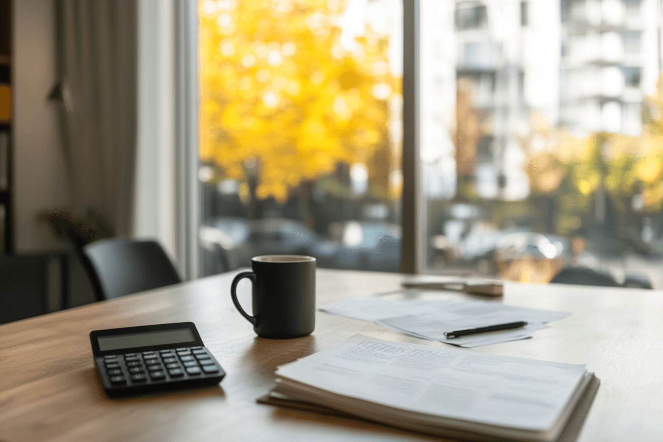 Work table with calculator, documents, pen and coffee mug beside a large window, illustrating renovation project planning and estimating