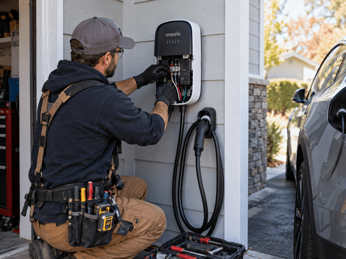 Electrician wiring and installing a residential electric vehicle charging station on the exterior wall of a house next to a plugged-in electric car