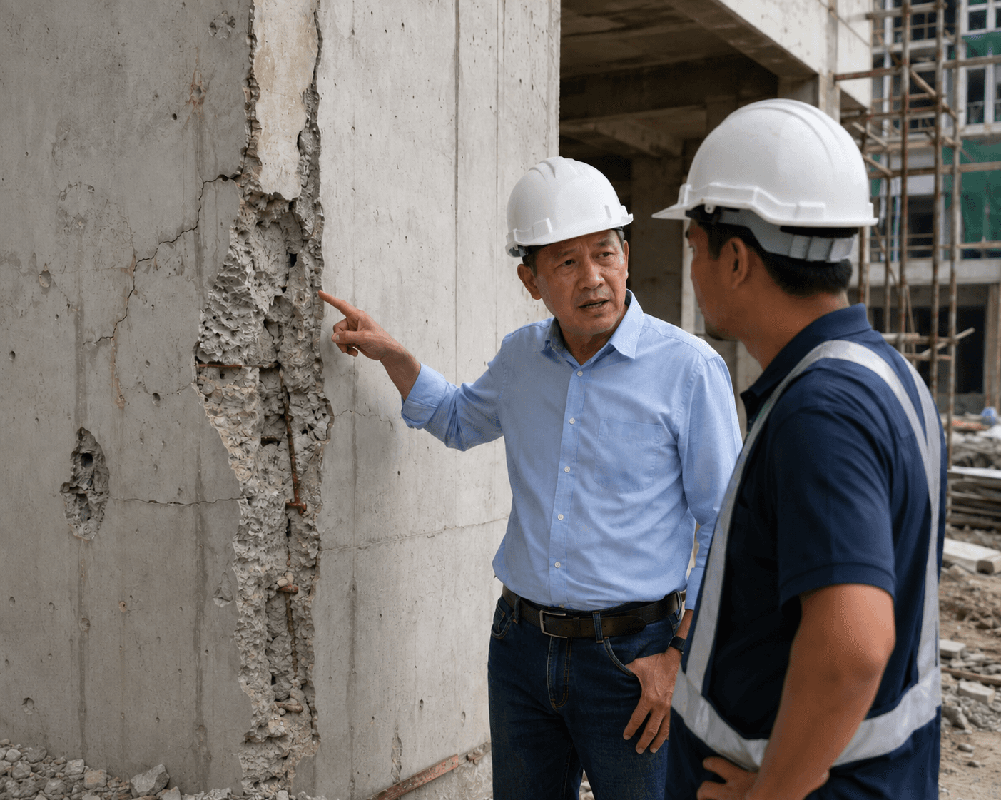 Two construction professionals wearing safety hard hats inspect a major crack and deteriorated concrete area on a structural wall at a job site