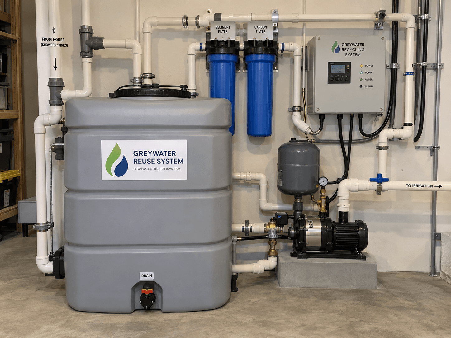 Residential greywater recycling and reuse system featuring a storage tank, sediment and carbon filters, water pump and piping for outdoor irrigation