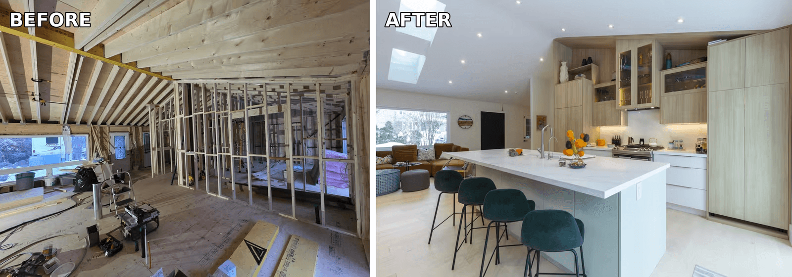 Before-and-after interior renovation comparison transforming an exposed-framing construction space into a modern open kitchen with a large island and built-in cabinetry