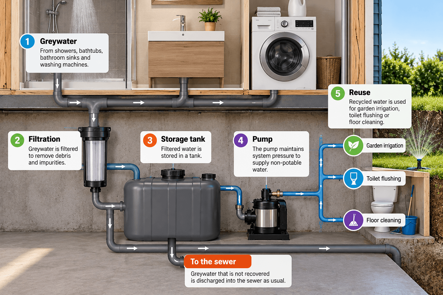 &nbsp;Illustration explaining how a residential greywater recycling and reuse system works, featuring filtration, a storage tank, a pump and recycled water distribution for garden irrigation, toilet flushing and floor cleaning