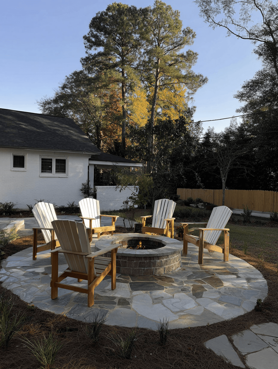 Circular natural stone patio with central masonry fire pit, wooden Adirondack chairs and landscaped design in a wooded residential backyard.