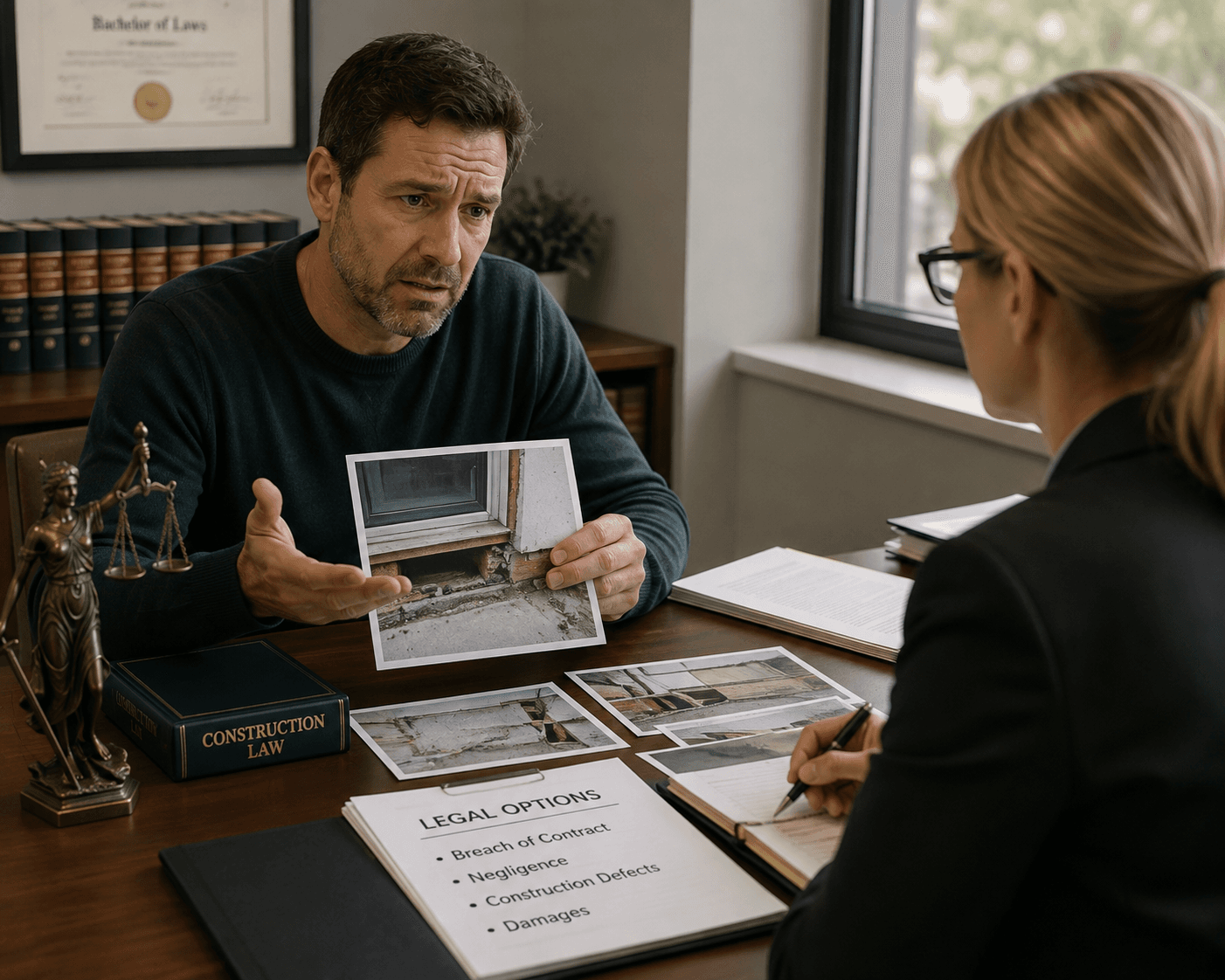 Client presenting photos of construction defects to a legal professional during a consultation about a residential construction dispute