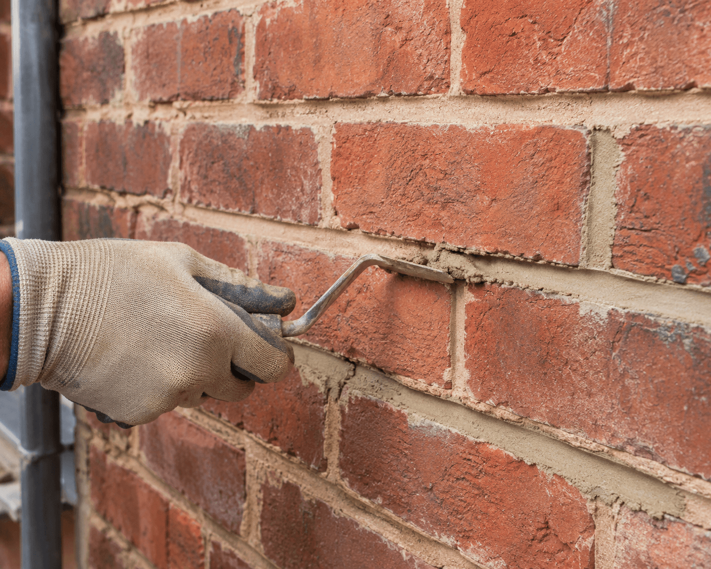 Gloved hand applying mortar into the joints of a red brick wall during exterior masonry repointing and repair work