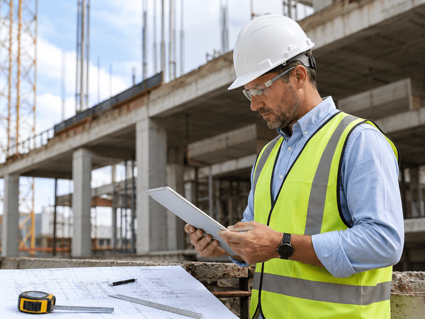 Construction professional wearing a hard hat, safety glasses and a high-visibility vest reviewing a tablet in front of a concrete building under construction with technical plans in the foreground