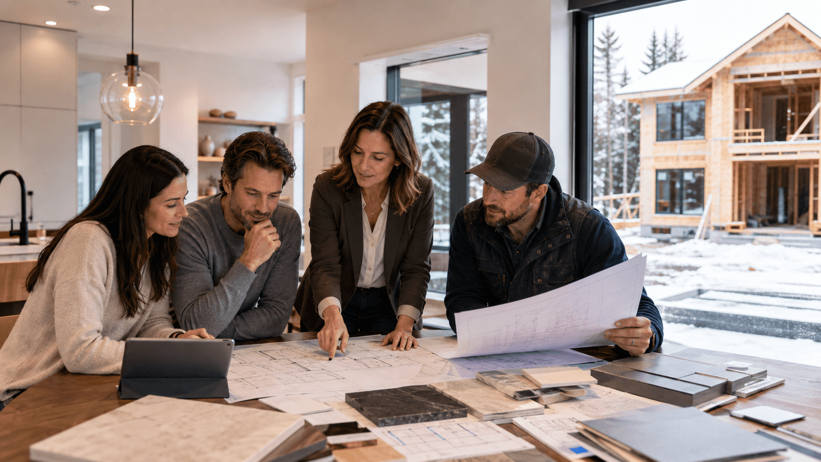 Homeowners and construction professionals reviewing architectural plans and material samples inside a modern home, with a house under construction visible outside