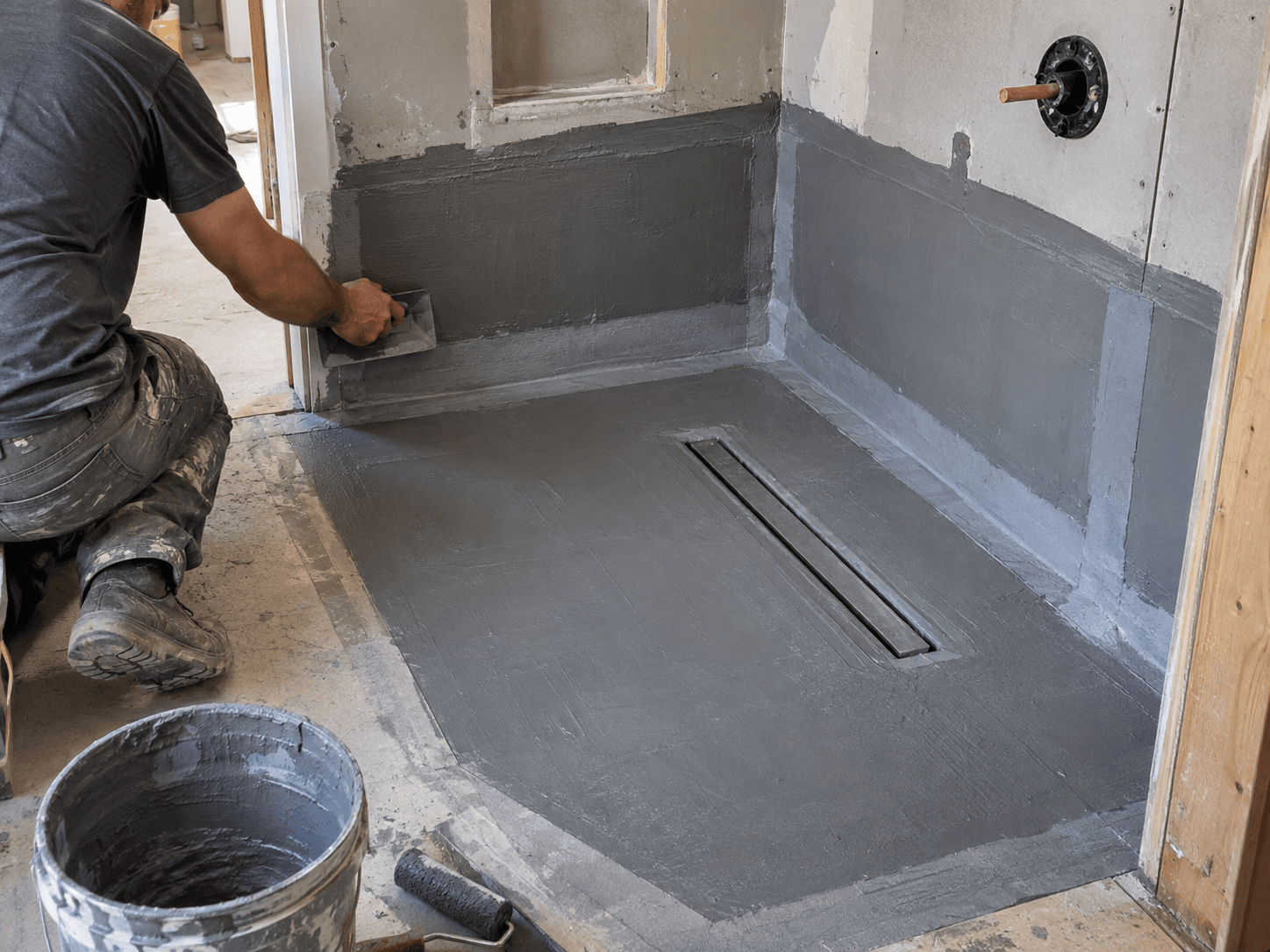 Worker applying a grey waterproofing membrane in a shower under construction with an integrated linear drain and walls prepared for tiling
