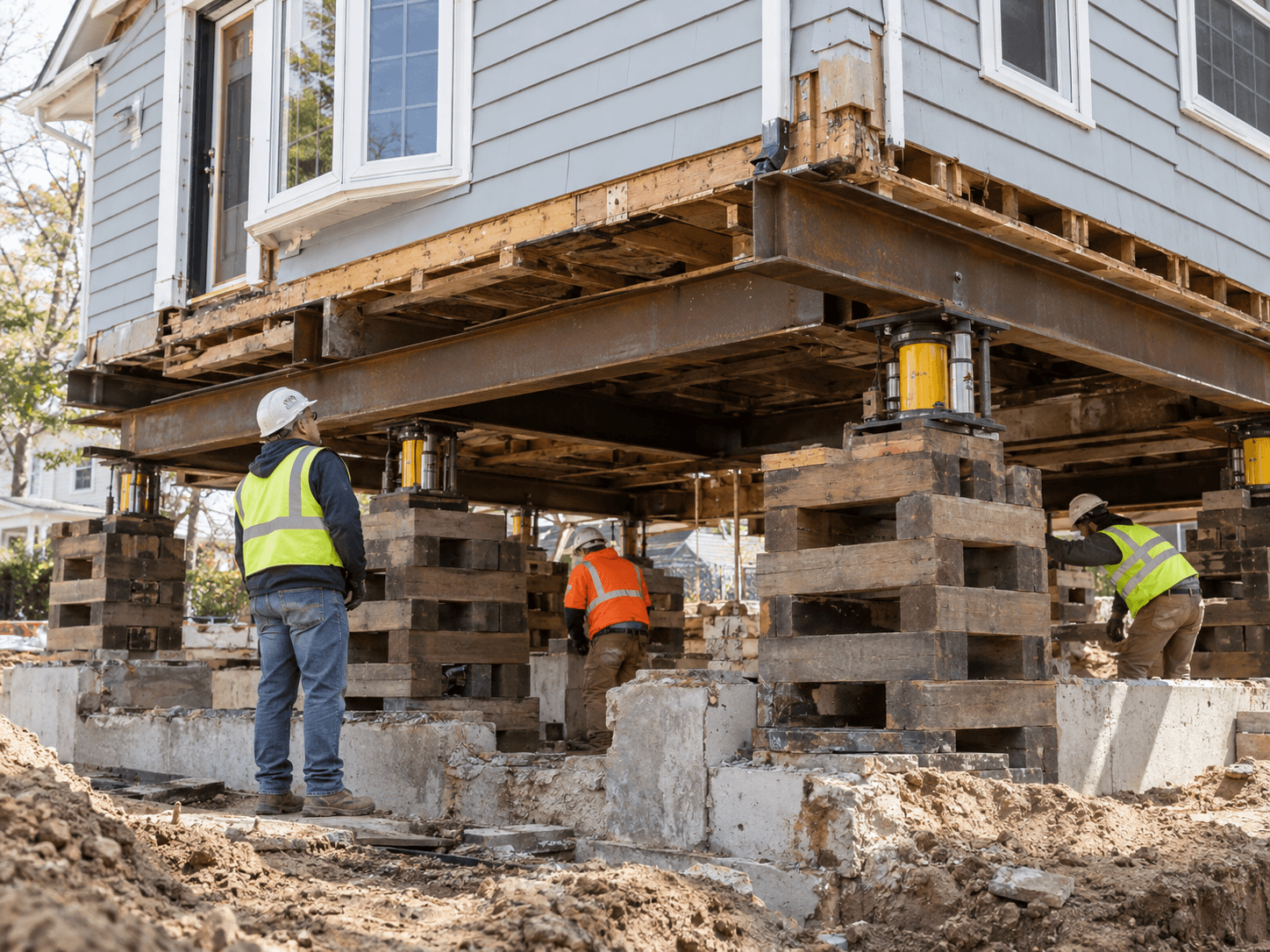 A residential house being lifted using hydraulic jacks, steel beams and temporary wood cribbing, with workers supervising the elevation and concrete foundation replacement work.
