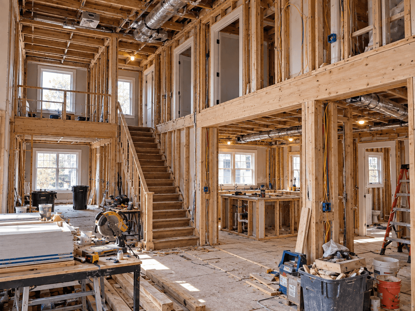 Major interior renovation of a two-story house featuring exposed wood framing, a central staircase, structural beams, electrical wiring and visible ventilation ducts
