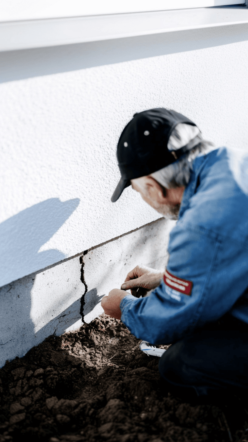Inspection of a vertical crack in a concrete foundation at the base of a residential exterior wall.