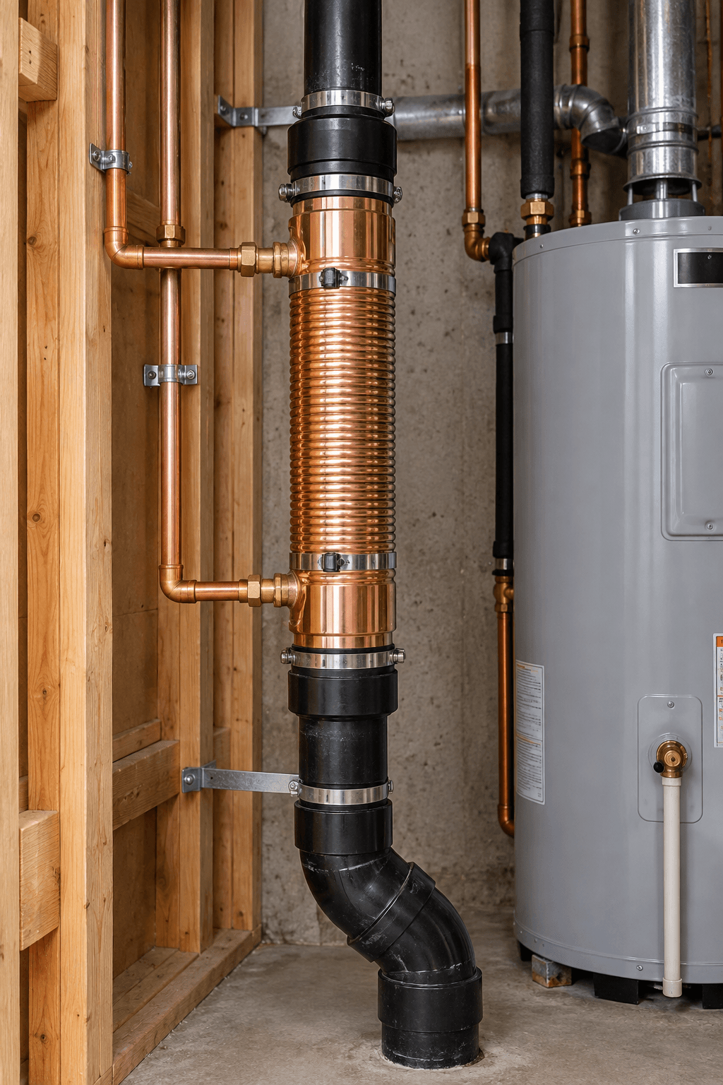Residential plumbing installation featuring a copper drain water heat recovery exchanger connected to a vertical black drainpipe, with copper piping and a water heater in an unfinished basement