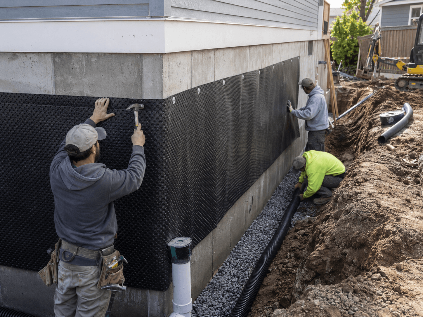 Workers installing a drainage membrane and French drain along a home foundation in an excavated gravel-filled trench