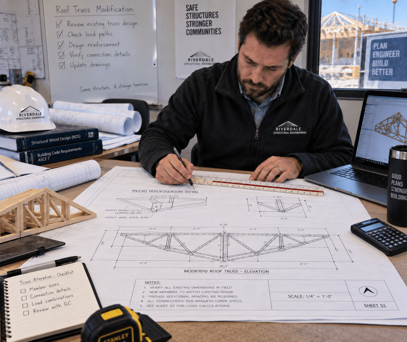 Structural engineer reviewing and annotating roof truss modification plans in an office, with a framing model, hard hat and structural design software