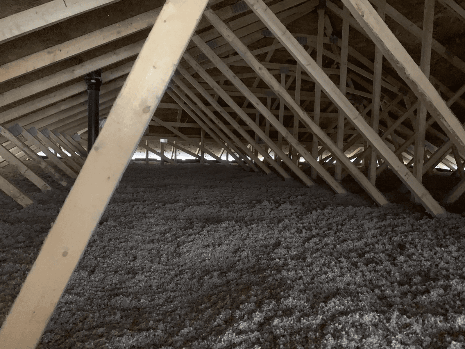 Attic with blown-in fiber insulation and exposed wooden framework.