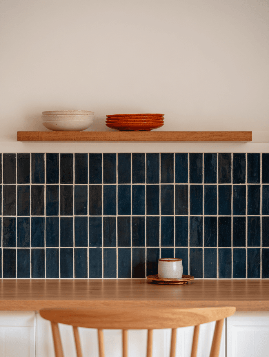 Modern minimalist kitchen featuring a dark blue vertically stacked ceramic tile backsplash, natural wood countertop, white cabinets, floating wooden shelf, ceramic tableware, and light wood chair.