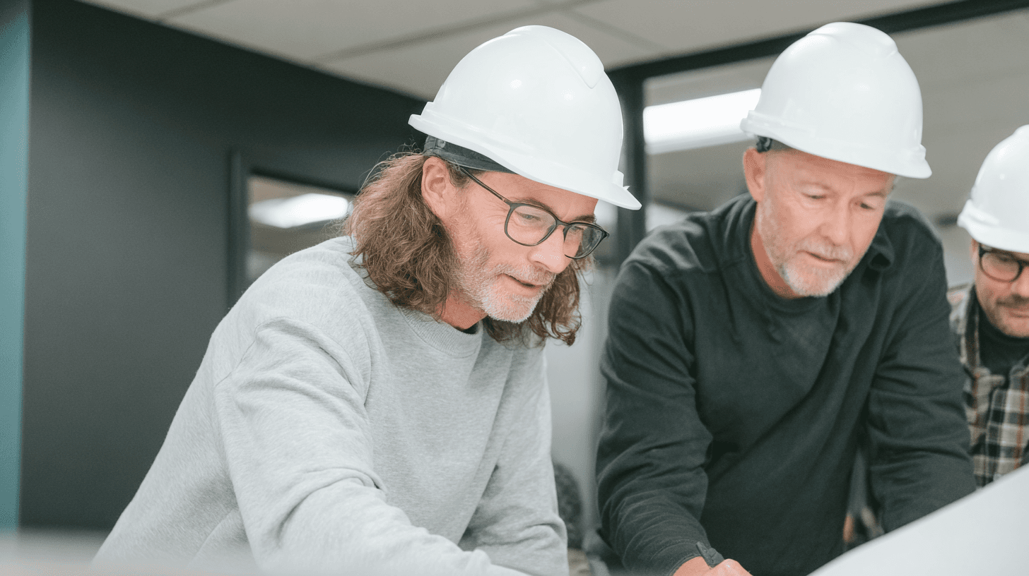 Team of construction professionals wearing white hard hats reviewing technical plans together in an indoor work environment