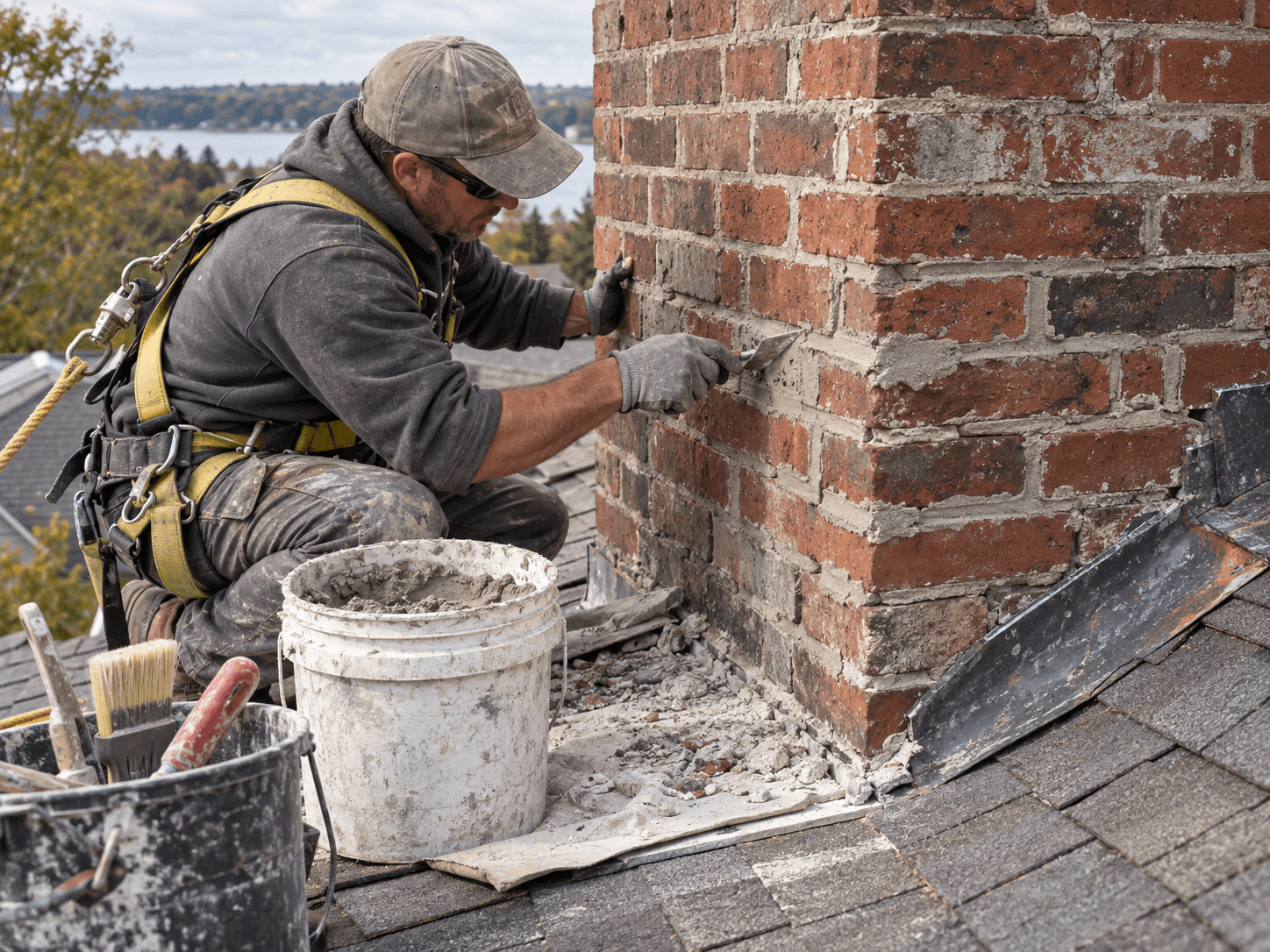 Mason repairing a damaged red brick chimney on a shingle roof, applying mortar and replacing bricks while wearing safety equipment