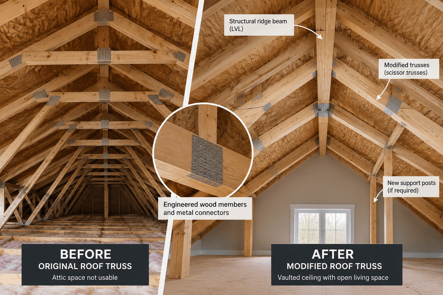 Before-and-after comparison of residential roof framing showing original trusses converted to modified trusses with a structural ridge beam, support posts and a vaulted ceiling