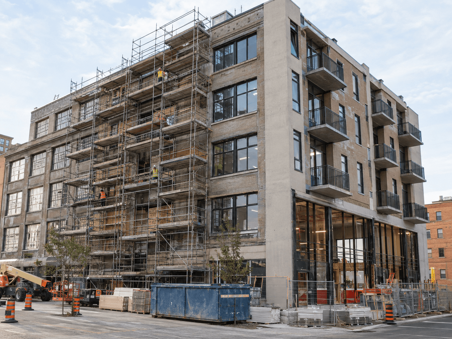 Urban residential building undergoing exterior renovation with scaffolding, balconies, large windows, construction workers and a partially restored facade