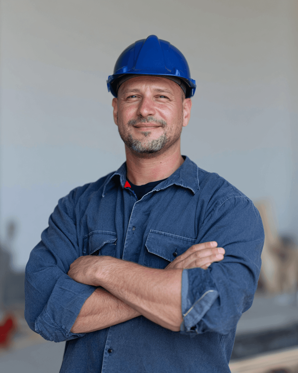 Construction contractor wearing a blue hard hat and work shirt with arms crossed in a job site environment