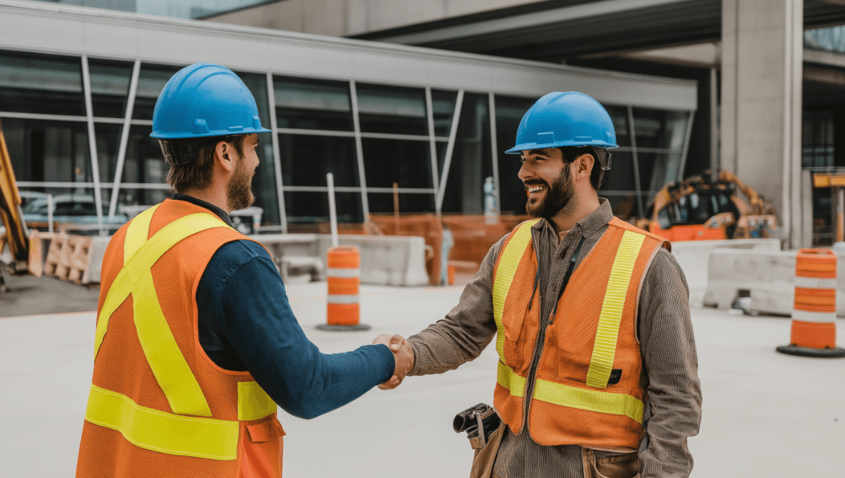 Two construction workers wearing blue hard hats and high-visibility vests shaking hands on a commercial job site