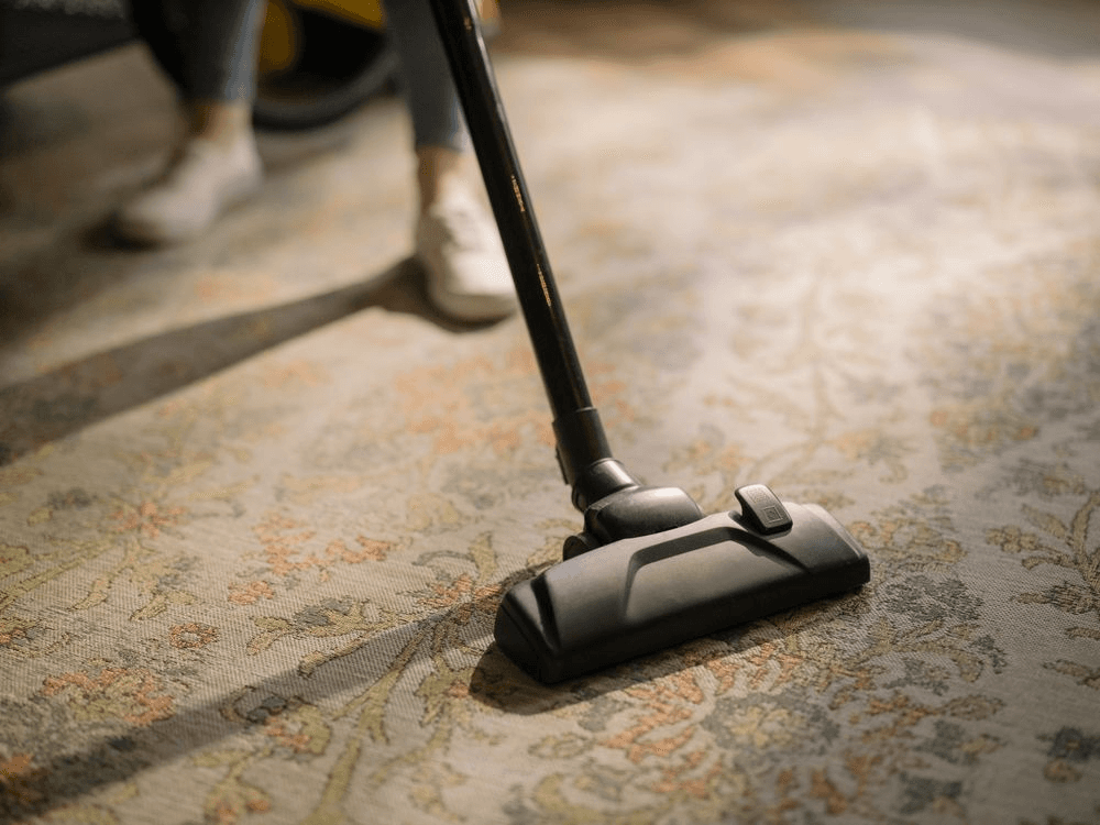 Cleaning a patterned area rug with a vacuum cleaner in a residential room during routine home interior maintenance.