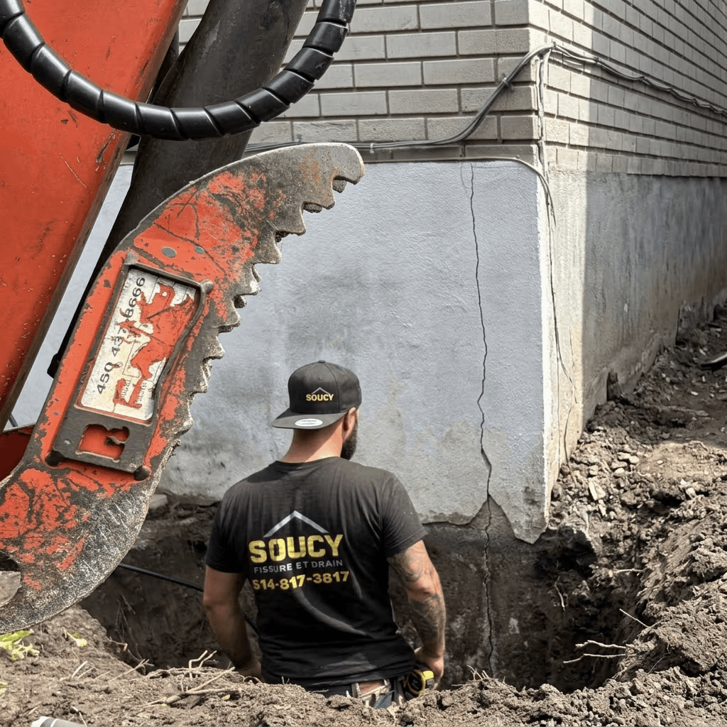 Excavation work around a residential foundation with a significant vertical crack, in preparation for repair and waterproofing.