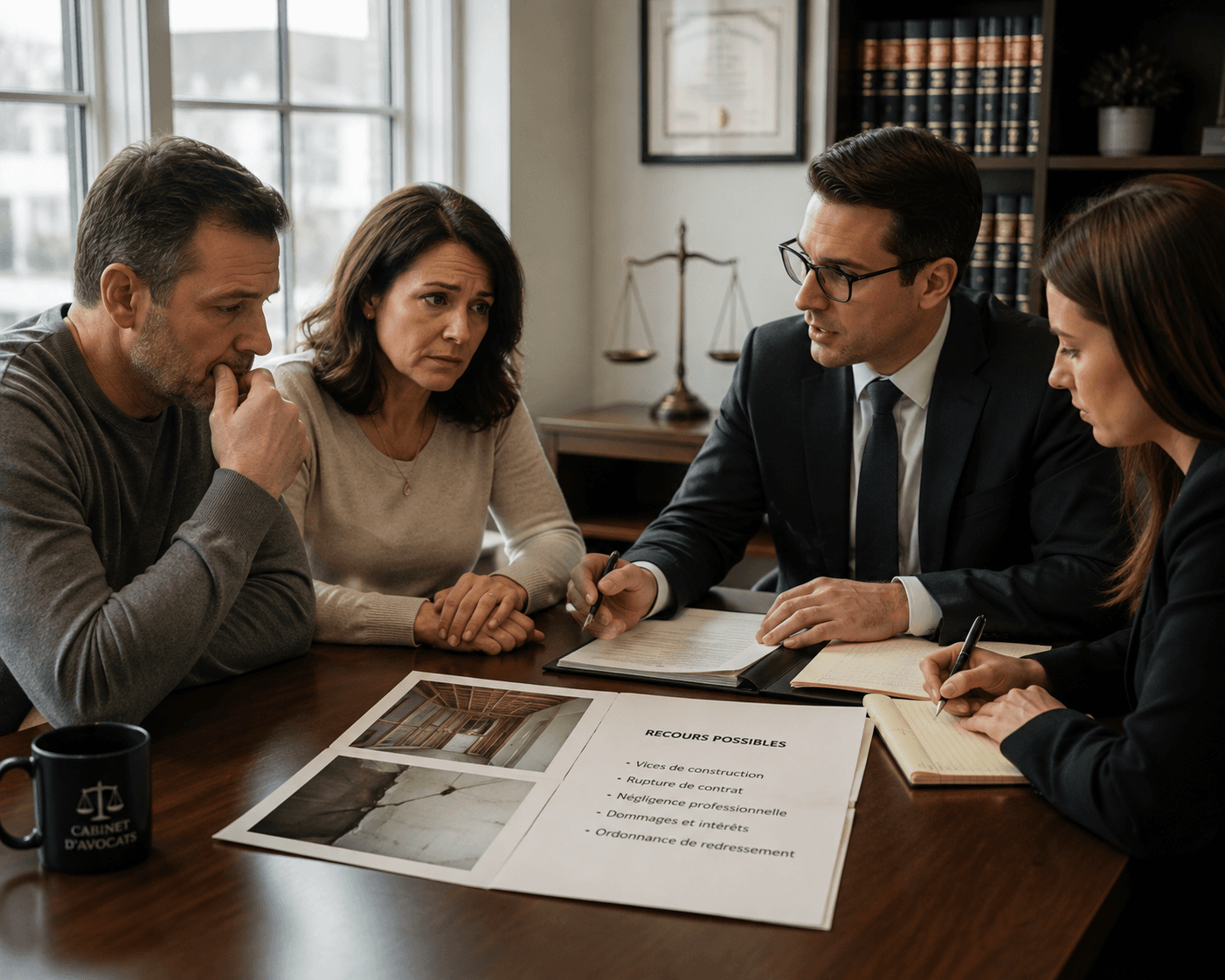 Couple meeting with two legal professionals to discuss possible remedies related to construction defects and a contractual dispute