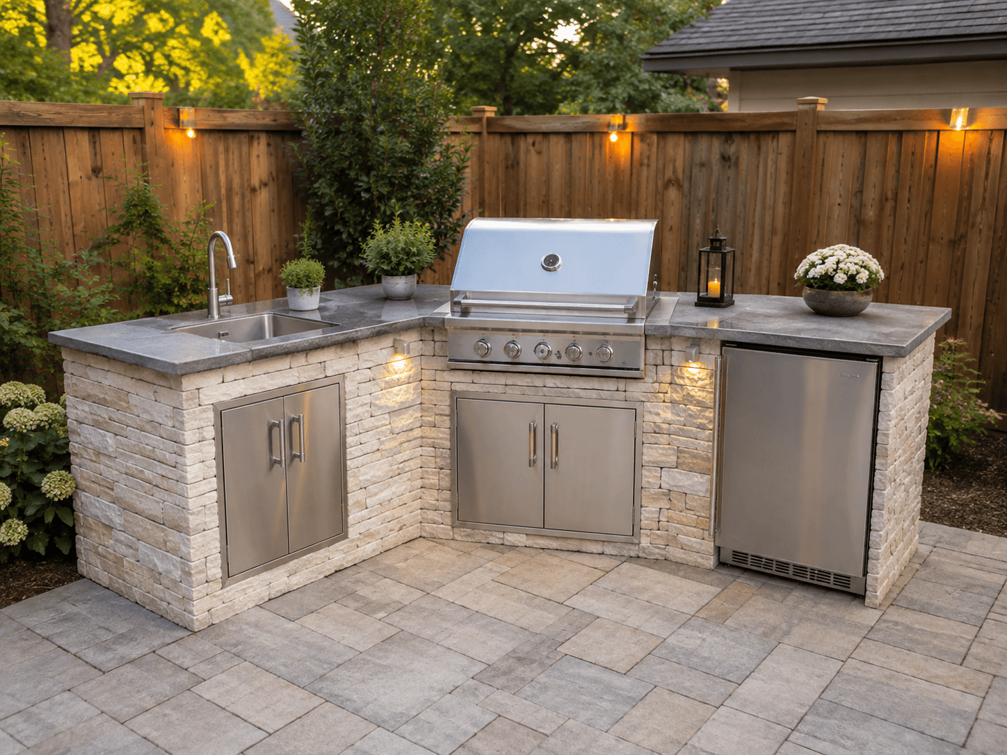Stone outdoor kitchen with built-in barbecue, sink, refrigerator, countertops and ambient lighting on a paved patio.