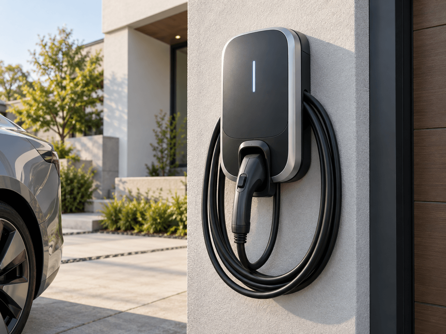 Black electric vehicle charging station installed on the white exterior wall of a modern house, featuring a coiled charging cable and an electric car parked nearby