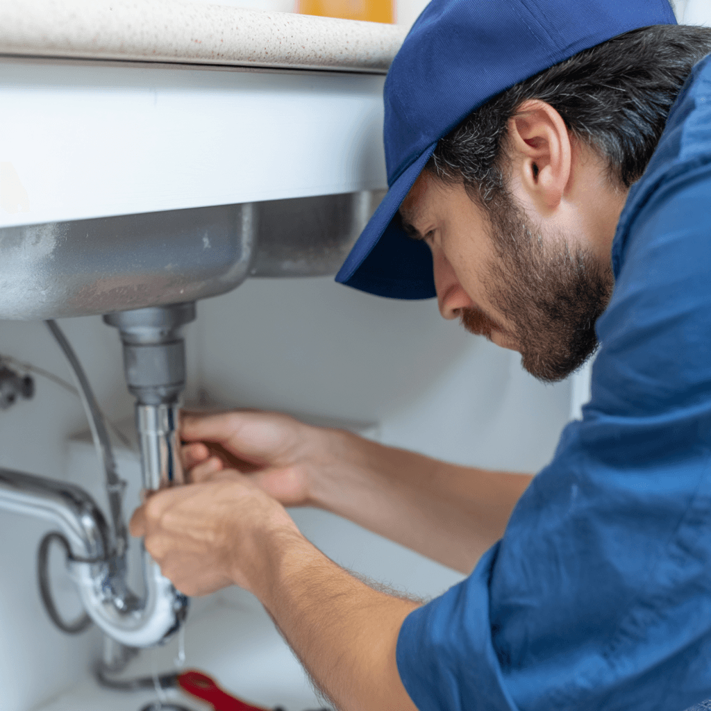 Professional plumber repairing piping and the drain beneath a residential sink during a plumbing service call