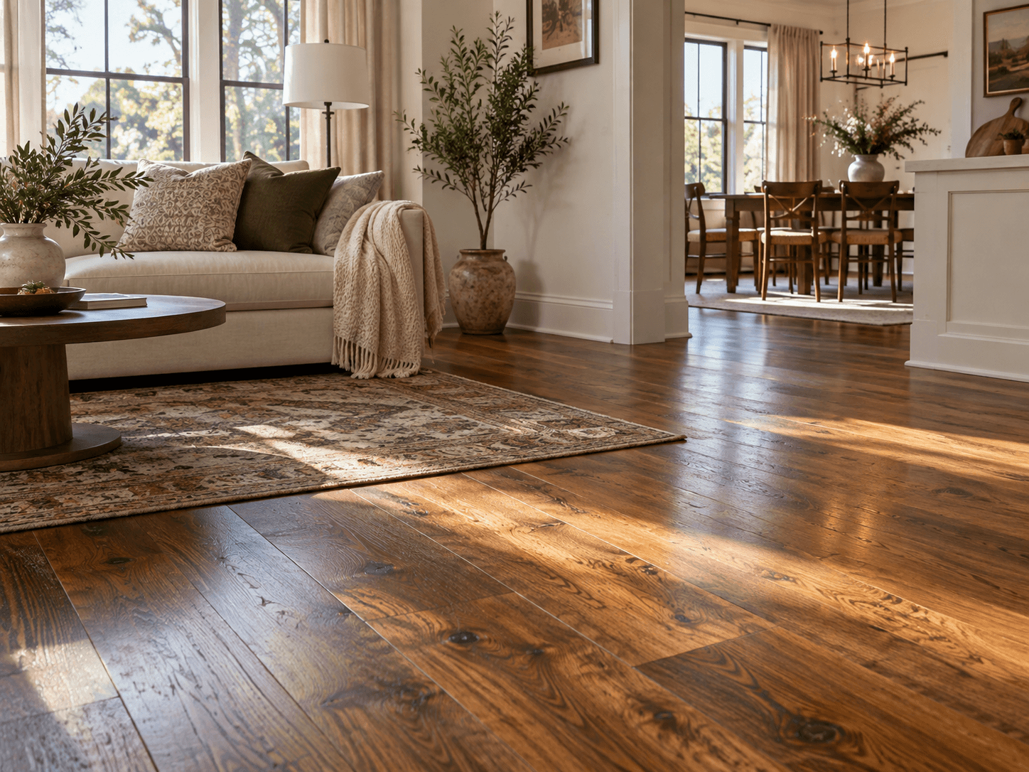 Warm living and dining area with wide-plank brown hardwood flooring, satin finish, beige sofa, decorative cushions, patterned rug, wooden coffee table, large windows, cream curtains, decorative plants and elegant furniture in a contemporary residential interior.