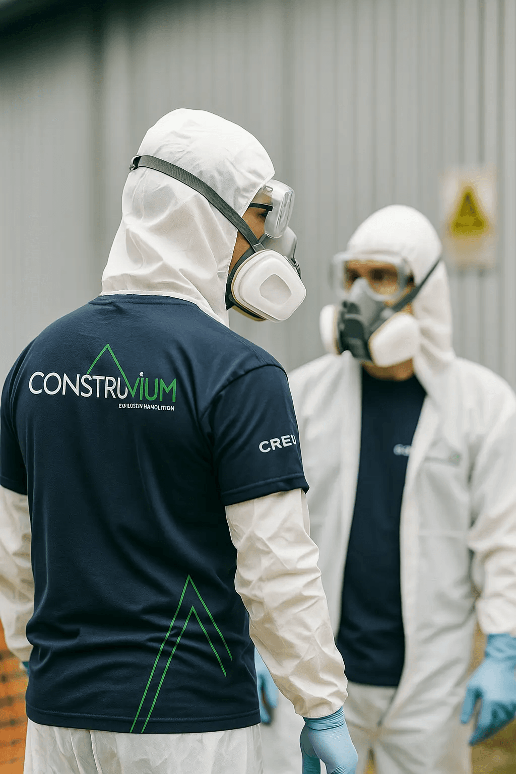 Two decontamination technicians wearing protective coveralls, goggles, gloves and respirators during a specialized job site intervention