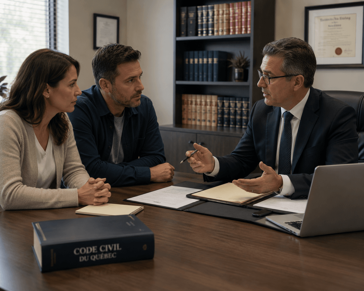 Couple meeting with a professional in an office to discuss legal and contractual documents related to a real estate or construction project