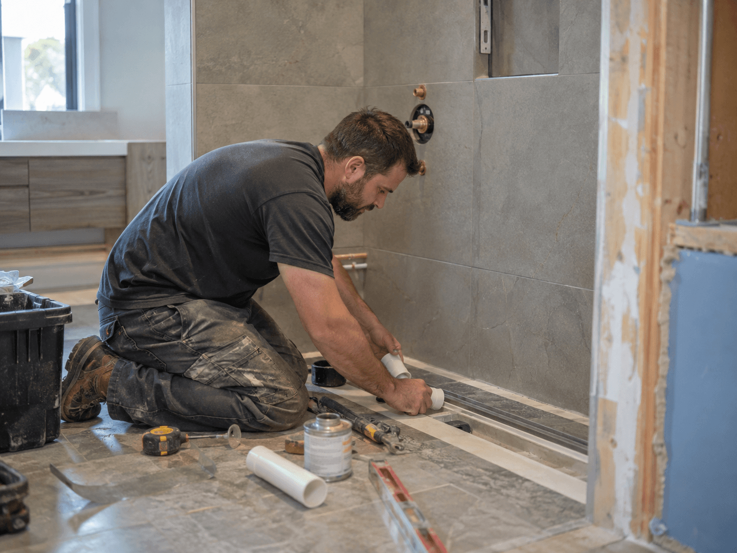 Worker installing plumbing and a linear drain in a grey tiled shower during bathroom renovation work