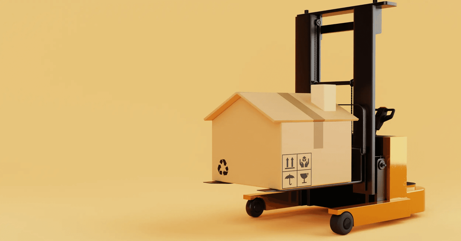 3D illustration of a miniature cardboard house being lifted by an orange and black industrial forklift, representing house lifting, building relocation, residential handling and construction work.