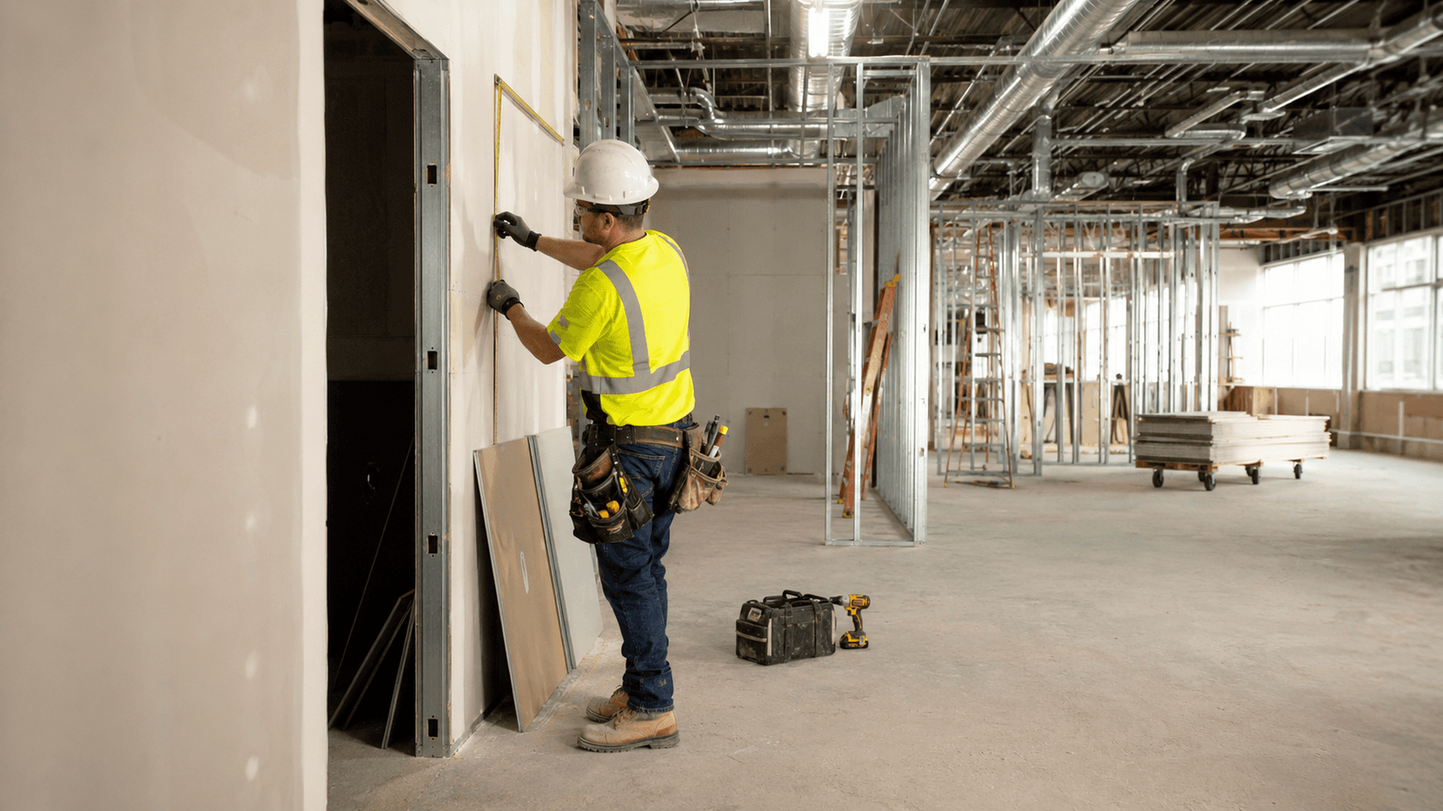 Construction worker measuring a wall inside a commercial space under renovation, with exposed metal framing and ventilation ducts