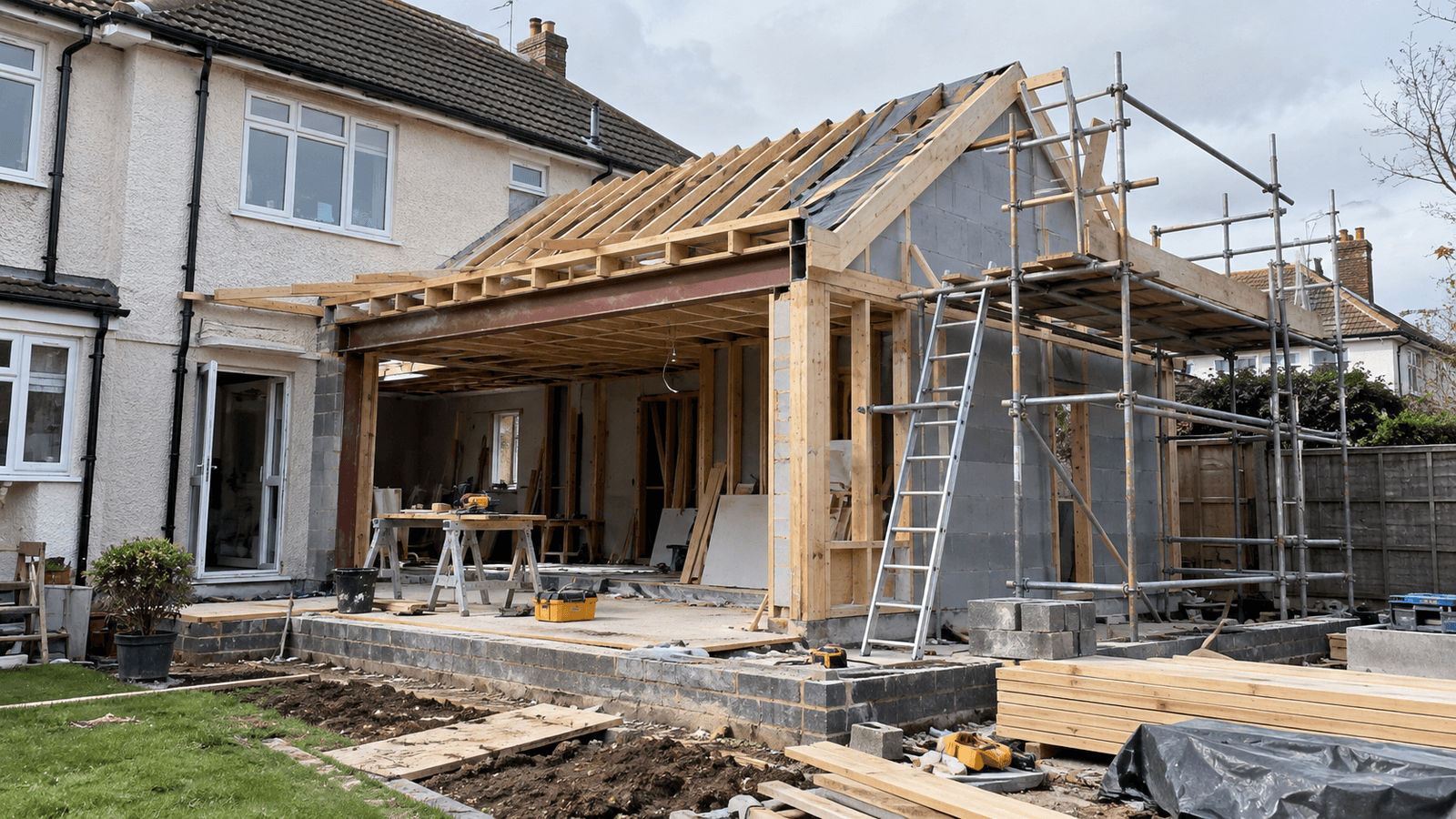 House extension under construction with timber framing, concrete block walls, roof structure being installed and exterior scaffolding