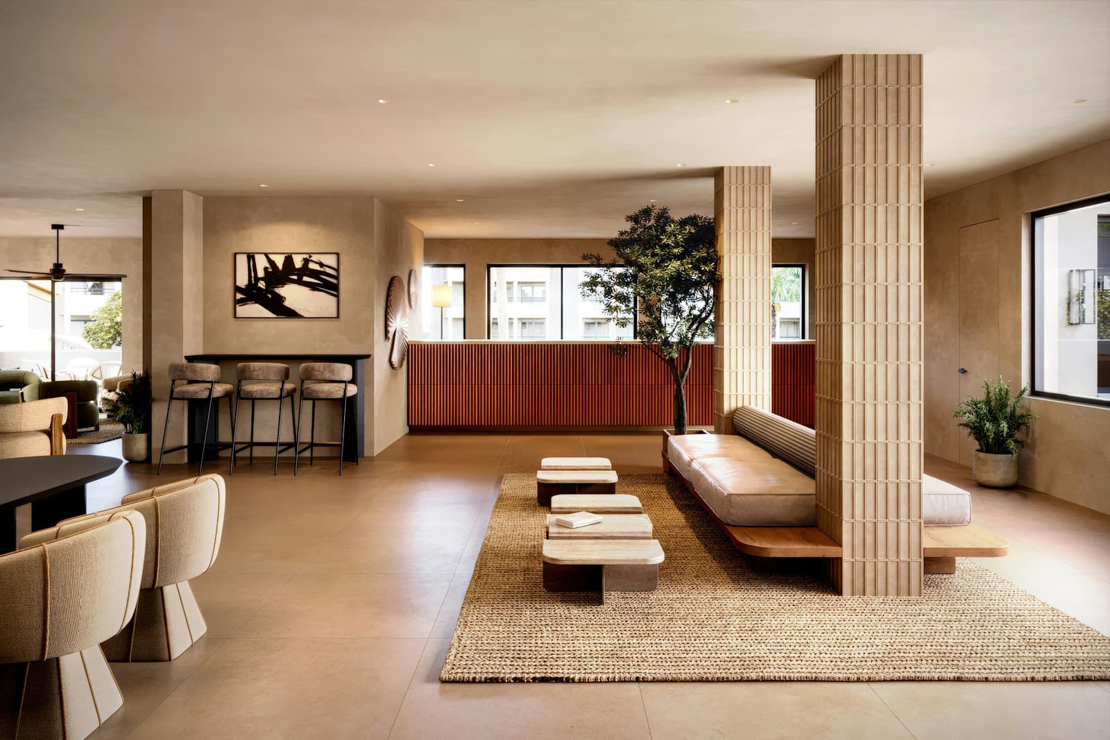 Modern open-concept residential interior with contemporary furniture, decorative columns, large windows and warm wood finishes