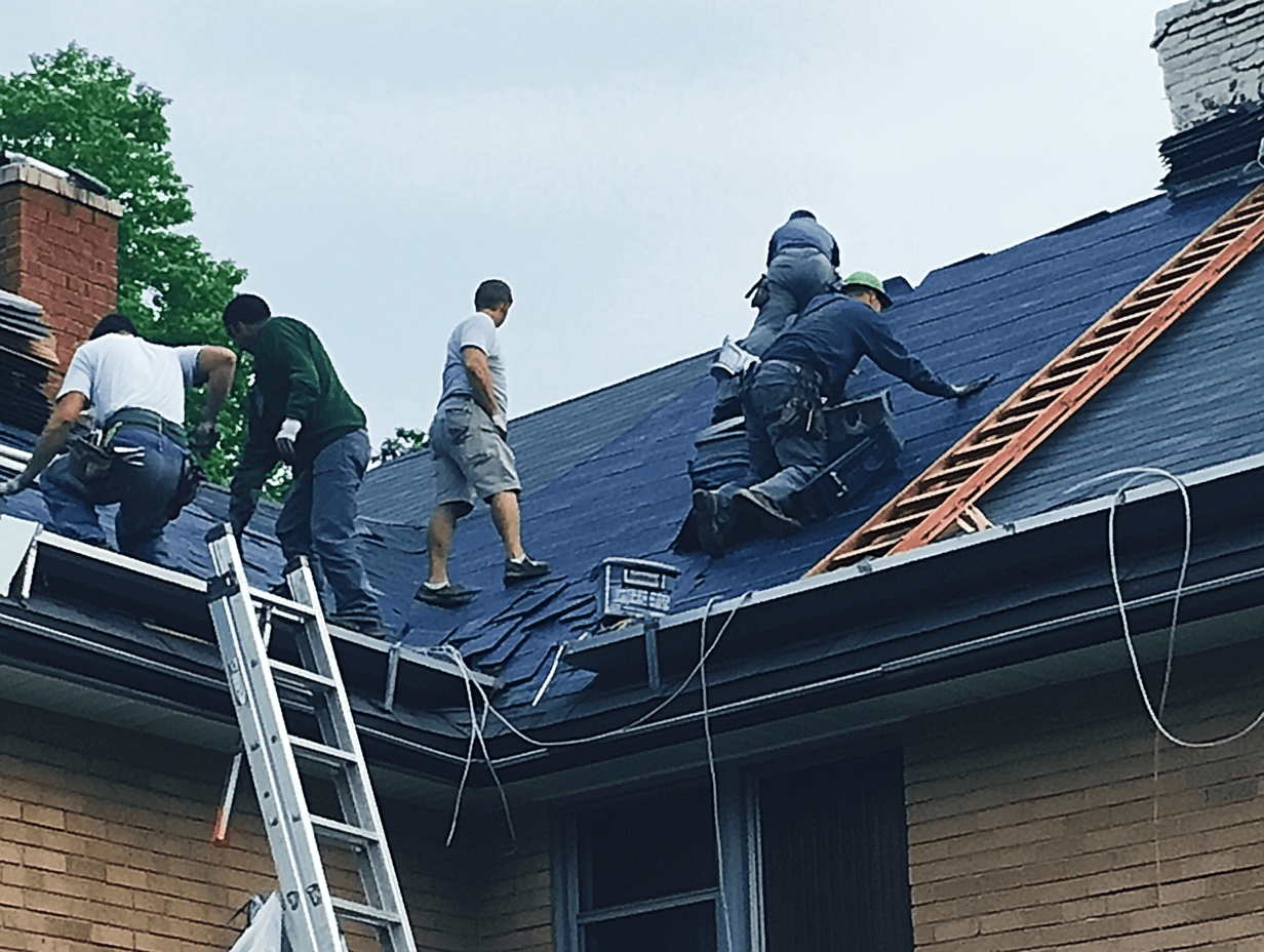 Roofing crew installing shingles on the sloped roof of a house, with ladders and construction equipment.