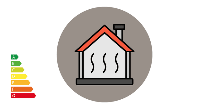 House icon with heat symbol and energy efficiency scale, illustrating home insulation performance.