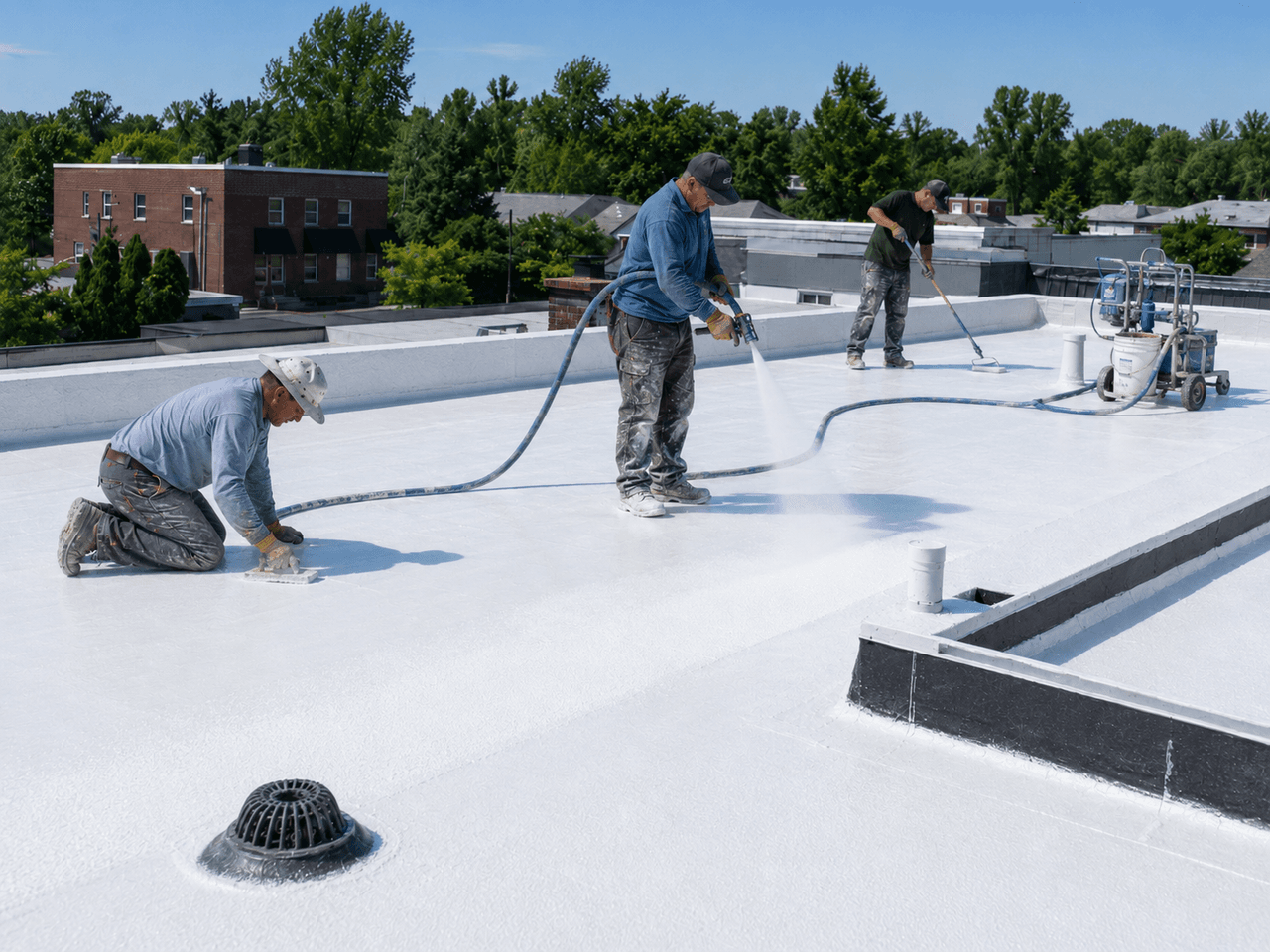 Workers applying a white waterproofing coating to a flat roof using spray equipment and rollers
