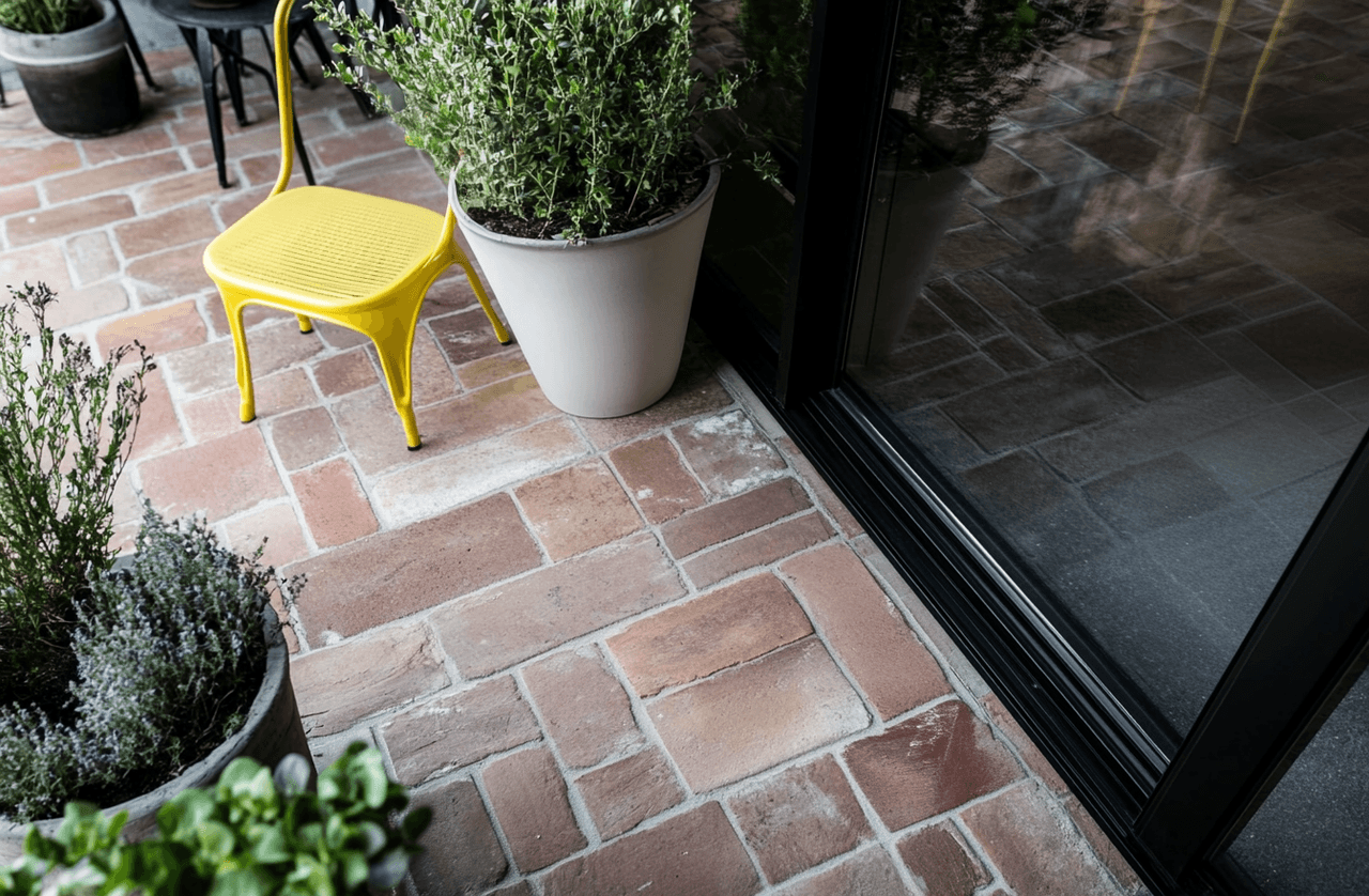 Outdoor patio with terracotta tiles, potted plants, a yellow chair, and a black-framed glass patio door.