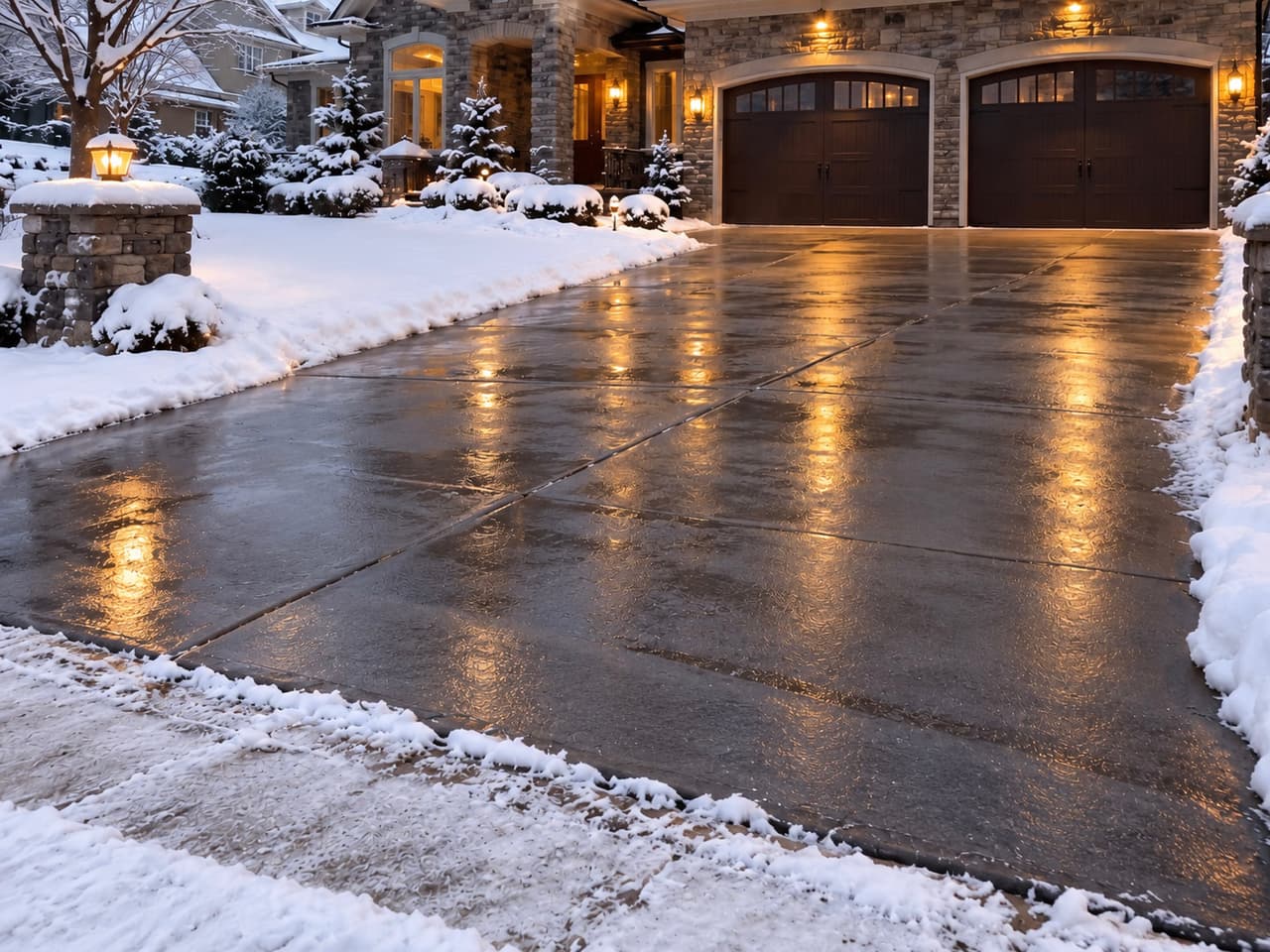 Residential grey concrete driveway, completely cleared of snow with a wet surface, surrounded by snow-covered shrubs in front of an upscale stone house featuring outdoor lighting and double garage doors.