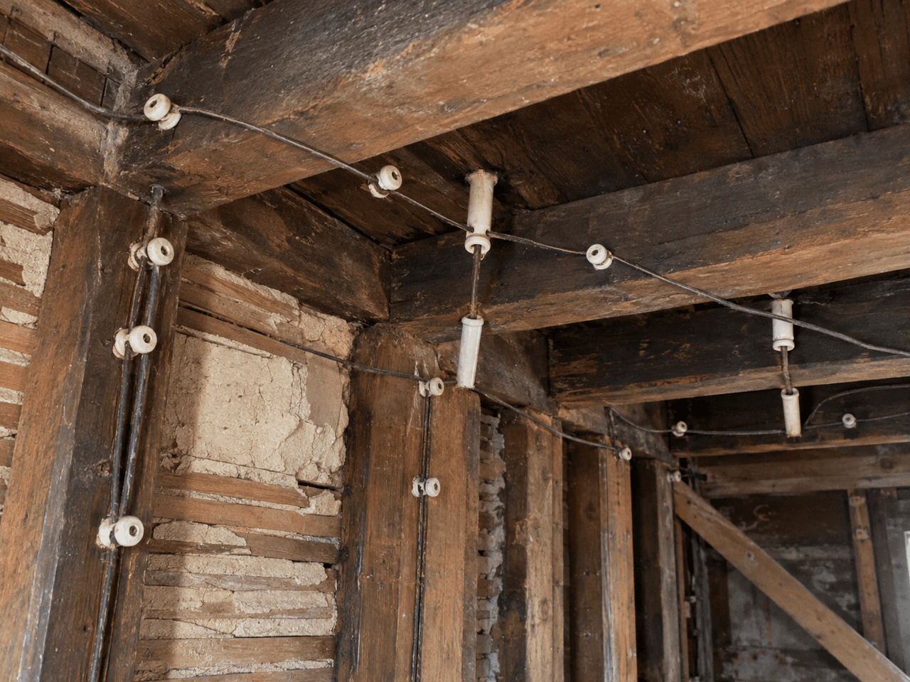 Old electrical installation with exposed wiring and porcelain insulators mounted on wood framing in a house under renovation
